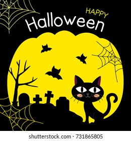 Cute Happy Halloween design concept with sitting black cat with flying bats above cemetery silhouette background for poster, banner, party invitation, greeting card. Vector Illustration.