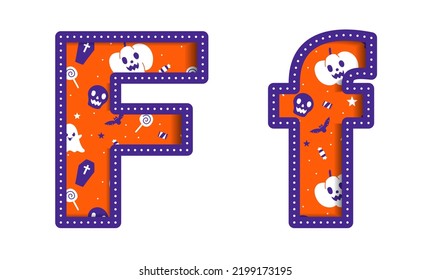 Cute Happy Halloween F Alphabet Capital Small Letter Party Font Typography Character Cartoon Spooky Horror colorful Paper Cutout Type design celebration vector Illustration Skull Pumpkin Bat Witch Hat
