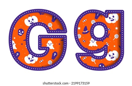Cute Happy Halloween G Alphabet Capital Small Letter Party Font Typography Character Cartoon Spooky Horror colorful Paper Cutout Type design celebration vector Illustration Skull Pumpkin Bat Witch Hat