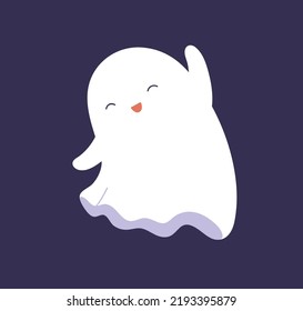 Cute happy Halloween ghost rejoices, celebrates holiday. Funny excited boo character, smiling phantom spirit floating. Joyful spook with positive expression. Isolated childish flat vector