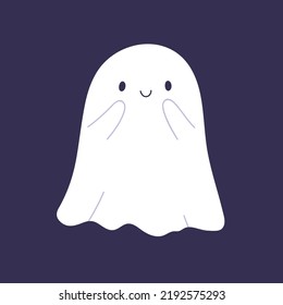 Cute happy Halloween ghost. Smiling cheerful lovely spook with friendly face expression, touched nice emotion. Sweet magic spirit character. Isolated childish flat vector illustration of phantom