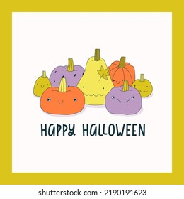 Cute Happy Halloween greeting card. Vector cartoon smiling pumpkins and hand drawn lettering.