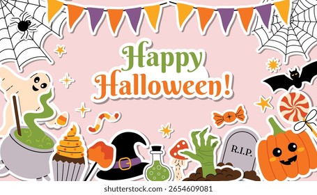 Bonito Feliz Halloween cartão de saudação horizontal com borda de divertidos adesivos assustadores em estilo de desenho animado plano. Inclui abóbora, teia, caldeirão, doces, morcego, mão zumbi, bunting e muito mais.