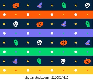 Cute Happy Halloween Horizontal Line Stripe Dot Dash Line Circle Seamless Pattern ghost, skull, pumpkin, coffin, witch hat