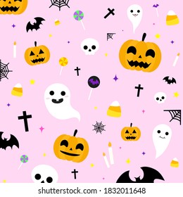 Cute happy Halloween icons pattern included pumpkin cross corn candy bat ghost and candle on pink background