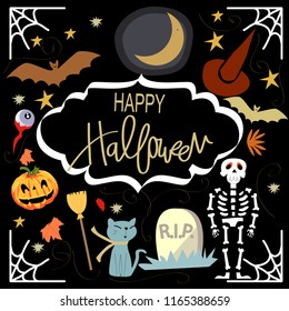 Cute happy Halloween items illustration vector by freehand doodle comic art