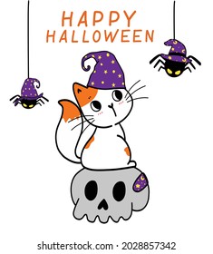 cute Happy Halloween kitten cat costume,Trick or Treat with spider, doodle flat vector illustration idea for greeting card, kid Tshirt