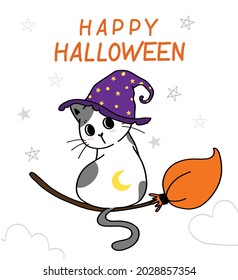 cute Happy Halloween kitten cat costume Trick Treat and spider  doodle flat vector illustration idea for greeting card  kid Tshirt
