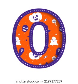 Cute Happy Halloween Number 0 Zero Numeral Numeric Party Font Character Cartoon Spooky Horror Colorful Paper Cutout Type design celebration vector Illustration Skull Pumpkin Bat Witch Hat Spider Web