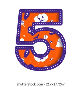 Cute Happy Halloween Number 5 Five Numeral Numeric Party Font Character Cartoon Spooky Horror Colorful Paper Cutout Type design celebration vector Illustration Skull Pumpkin Bat Witch Hat Spider Web