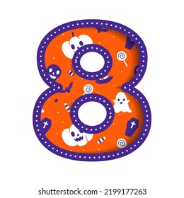Cute Happy Halloween Number 8 Eight Numeral Numeric Party Font Character Cartoon Spooky Horror Colorful Paper Cutout Type design celebration vector Illustration Skull Pumpkin Bat Witch Hat Spider Web