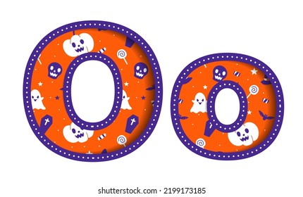 Cute Happy Halloween O Alphabet Capital Small Letter Party Font Typography Character Cartoon Spooky Horror colorful Paper Cutout Type design celebration vector Illustration Skull Pumpkin Bat Witch Hat