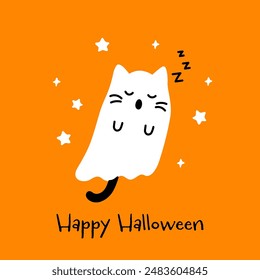 Cute Happy Halloween estampado con gato fantasma blanco durmiendo sobre fondo naranja. Personaje de Halloween volador de Vector, ilustración de espíritu de gatito de dibujos animados Kawaii.