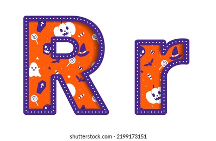Cute Happy Halloween R Alphabet Capital Small Letter Party Font Typography Character Cartoon Spooky Horror colorful Paper Cutout Type design celebration vector Illustration Skull Pumpkin Bat Witch Hat