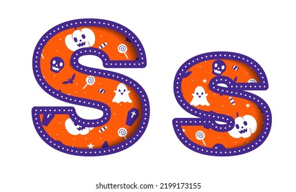 Cute Happy Halloween S Alphabet Capital Small Letter Party Font Typography Character Cartoon Spooky Horror colorful Paper Cutout Type design celebration vector Illustration Skull Pumpkin Bat Witch Hat