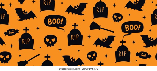 Cute happy halloween seamless pattern background vector. Colorful doodle design for wallpaper, kids fabric and print. Vector illustration.
