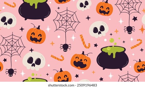 Lindo Vector de fondo sin fisuras de halloween feliz. Diseño colorido del doodle para el Fondo de pantalla, la tela de los niños y la impresión. Ilustración vectorial.