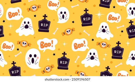 Cute happy halloween seamless pattern background vector. Colorful doodle design for wallpaper, kids fabric and print. Vector illustration.