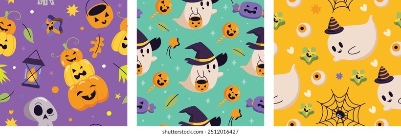 Lindo Vector de fondo sin fisuras de halloween feliz. Diseño colorido del doodle para el Fondo de pantalla, la tela de los niños y la impresión. Ilustración vectorial.
