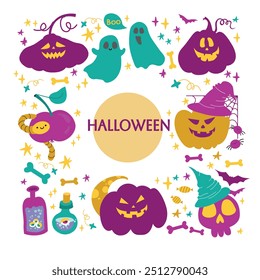 Cute Happy Halloween set. Funny spooky ghost pumpkins