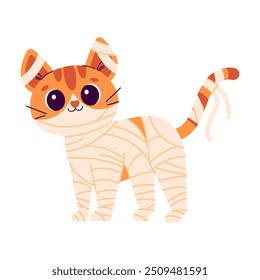  Cute Happy Halloween sticker with cat in mummy costume. illustrations for Halloween holiday Funny illustration for kids.  Vector illustration in flat style isolated on white