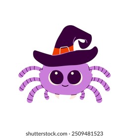 Linda pegatina de Halloween feliz con araña en lindo sombrero de bruja. Halloween, truco o trato. Ilustración vectorial en estilo plano aislado sobre fondo blanco.  Feliz día de fiesta, Halloween para los niños. 