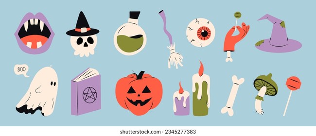 Cute Happy Halloween stickers. Funny doodle Helloween bundle with holiday pumpkin, skull, poison bottle, broom, eye, witch hat, ghost, candle, bone, mushroom. Vector stock hand drawn illustration.