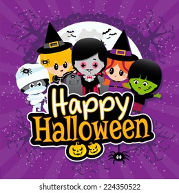 Cute Happy Halloween Text-Banner mit Cartoon Kinder auf einem violetten Texturbanner mit Vampire, Mummies, Hexen, Spinnen und Kürbis.