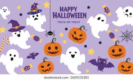 Cute Happy Halloween Vector Background with Ghosts, Pumpkins, and Bats