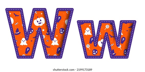 Cute Happy Halloween W Alphabet Capital Small Letter Party Font Typography Character Cartoon Spooky Horror colorful Paper Cutout Type design celebration vector Illustration Skull Pumpkin Bat Witch Hat