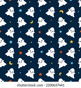 Cute Happy Halloween blanco fantasmas dibujos animados sin fisuras vectores de fondo negro estrella fantasma luna creciente