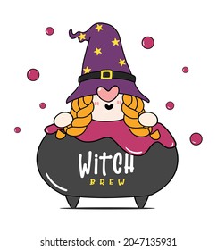 Cute happy Halloween witch Gnome in poison brew pot cauldron, witch brew, cartoon character doodle hand drawn outline