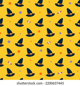 Cute Happy Halloween witch hat hats cartoon seamless pattern vector yellow background ghost star Lollipop candy 