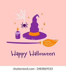 Cute Happy Halloween witchy print. Vector witch hat, spider and candle on pink background. Halloween illustration for greeting banner, postcard, web