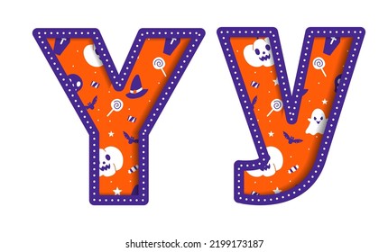 Cute Happy Halloween Y Alphabet Capital Small Letter Party Font Typography Character Cartoon Spooky Horror colorful Paper Cutout Type design celebration vector Illustration Skull Pumpkin Bat Witch Hat