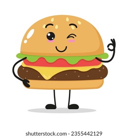 Cute happy hamburger character. Funny smiling and wink cheeseburger cartoon emoticon in flat style. junk food vector illustration