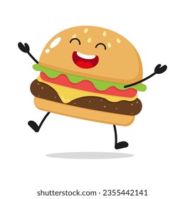  Cute happy hamburger character. Funny victory jump celebration cheeseburger cartoon emoticon in flat style. junk food vector illustration