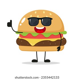 Un personaje alegre de hamburguesa lindo usa gafas de sol. Divertido cheeseburger saluda a amigo emoticono de dibujos animados en estilo plano. ilustración de vector de comida chatarra