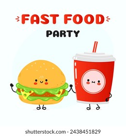 Cute happy hamburger cola card. Vector hand drawn doodle style cartoon character illustration icon design. Happy hamburger cola friends concept card