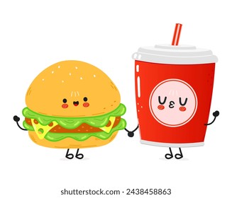 Cute happy hamburger cola card. Vector hand drawn doodle style cartoon character illustration icon design. Happy hamburger cola friends concept card