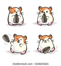 Cute happy hamster with orange color holding and eat sun flower seed . vector hamster set. hamster cartoon illustration style