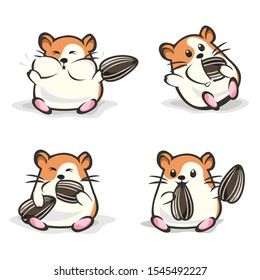 Cute happy hamster with orange color Eatint sun flower seed at the same time . vector hamster set. hamster cartoon illustration style