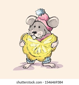 Cute, happy hamster in a pink hat eats a huge pineapple slice. kawaii. Decor for the design of children's clothing, t-shirts, cards, eco illustrations.
Isolated image on a light background. vector.