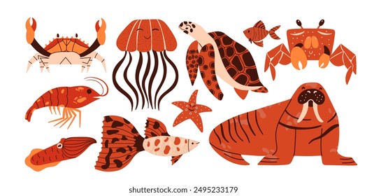 Cute happy hand draw sea animals. Contemporary marine life characters. Cartoon set with crab, jellyfish, turtle, shrimp, fish,  cuttlefish. Vector collection.