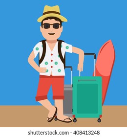 Cute and Happy handsome tourist mascot. Flat color design for travel and summer concept.