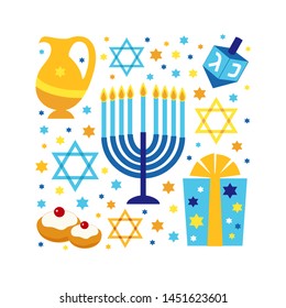 Cute Happy Hanukkah, Festival of Lights background for greeting card, invitation, banner with Jewish symbols as dreidel toys, latke doughnuts, menorah candle holder, David stars etc in flat style