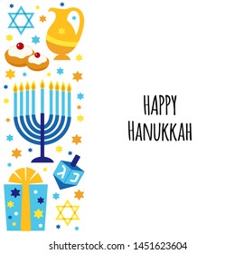 Cute Happy Hanukkah, Festival of Lights background for greeting card, invitation, banner with Jewish symbols as dreidel toys, latke doughnuts, menorah candle holder, David stars etc in flat style