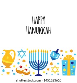 Cute Happy Hanukkah, Festival of Lights background for greeting card, invitation, banner with Jewish symbols as dreidel toys, latke doughnuts, menorah candle holder, David stars etc in flat style