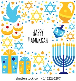 Cute Happy Hanukkah, Festival of Lights frame background for greeting card, invitation, banner with Jewish symbols as dreidel toys, latke doughnuts, menorah candle holder, David stars in flat style