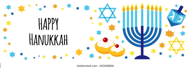 Cute Happy Hanukkah, Festival of Lights frame banner with Jewish symbols as dreidel toys, latke doughnuts, menorah candle holder, David stars in flat style